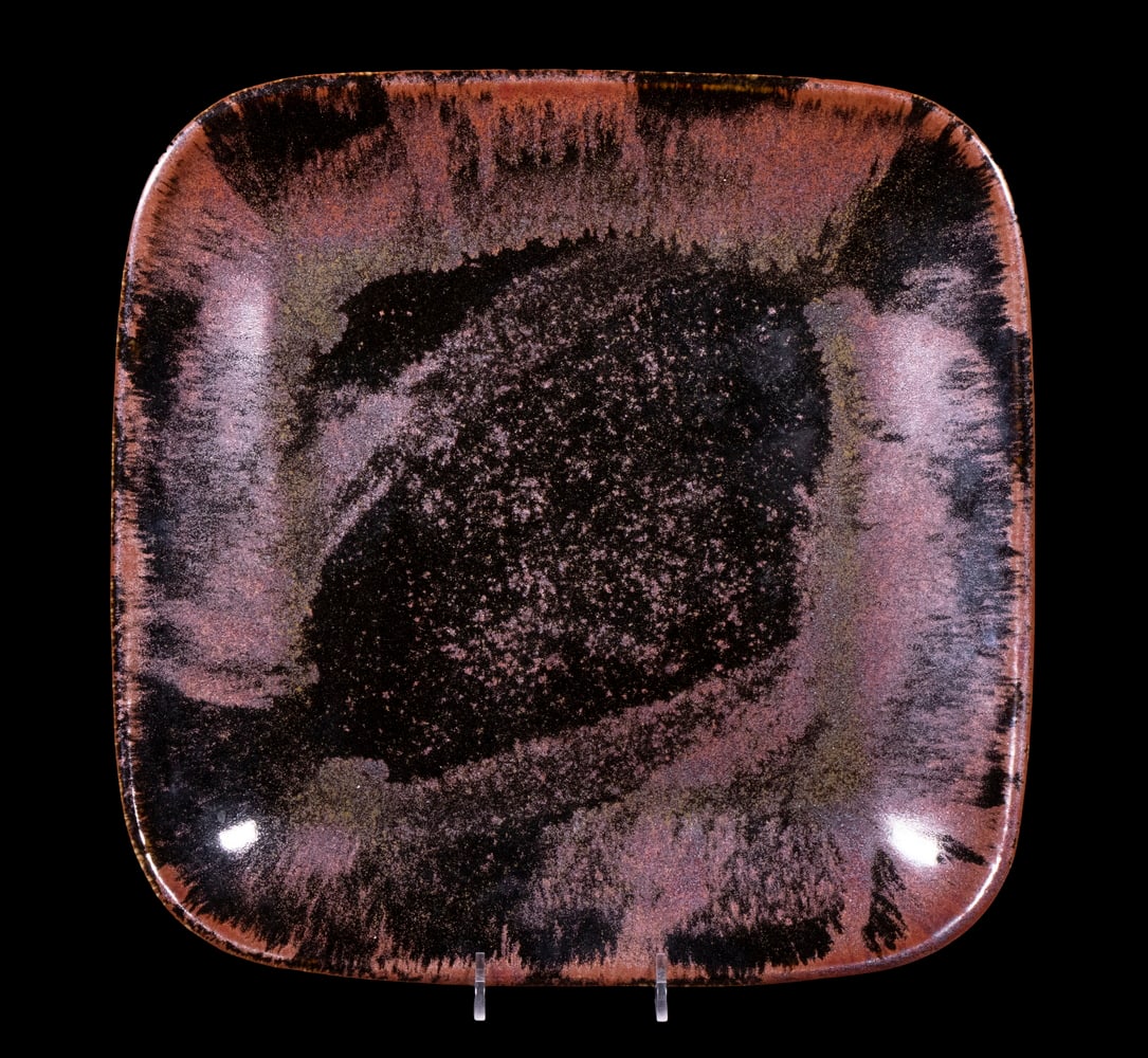 BROTHER THOMAS BEZANSON (CANADA/VT, 1929-2007): Large Square Porcelain Plate, in Honan Tenmoku glaze, ca. 1965-70, signed on base with artist's cipher and "Benedictine Monks", Weston, Vermont", crafted while Brother Thomas was a member of the Westo