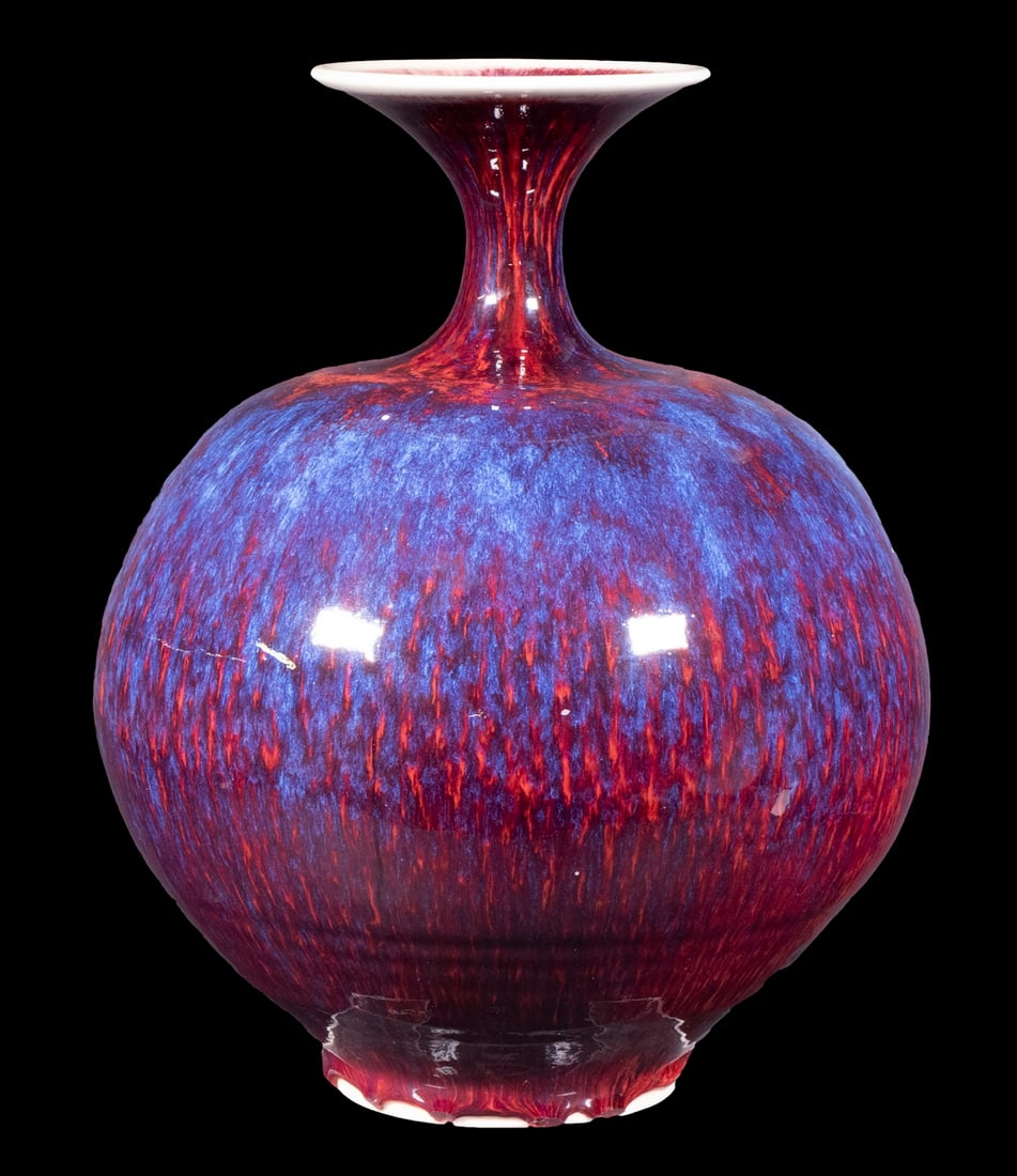 BROTHER THOMAS BEZANSON (CANADA/VT, 1929-2007): Bulbous Porcelain Vase, with dark copper red and blue glaze, narrow neck and flared rim, ca. 1965-70, signed on base with artist's cipher and "Benedictine Monks", Weston, Vermont", crafted while Broth