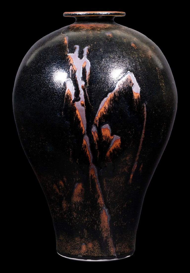 BROTHER THOMAS BEZANSON (CANADA/VT, 1929-2007): Meiping Form Porcelain Vase, in Tenmoku glaze with wax resist, ca. 1970s, signed on base with artist's cipher and "Benedictine Monks", Weston, Vermont", crafted while Brother Thomas was a member of th