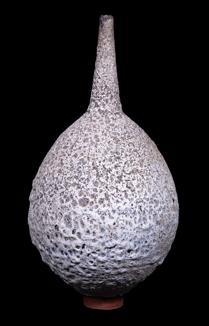 BROTHER THOMAS BEZANSON (CANADA/VT, 1929-2007): Ovoid Bottle Form Earthenware Vase, in Bezanson's experimental "moon crater" glaze, purportedly fired on the day Neil Armstrong took his first steps on the moon (July 20, 1969), signed on base with ar