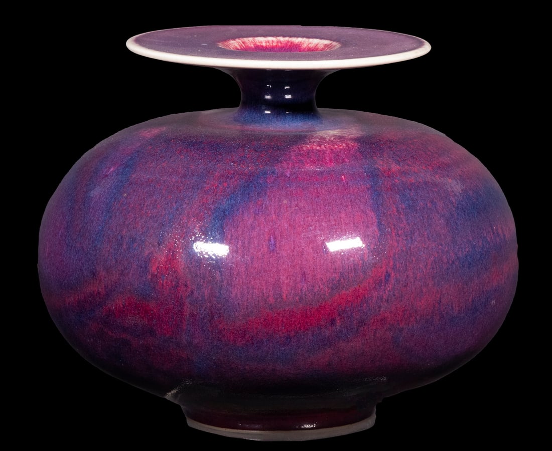 BROTHER THOMAS BEZANSON (CANADA/VT, 1929-2007): Bulbous Porcelain Vase with flat rim, in copper purple glaze, ca. 1970s, signed on base with artist's cipher and "Benedictine Monks", Weston, Vermont", crafted while Brother Thomas was a member of the