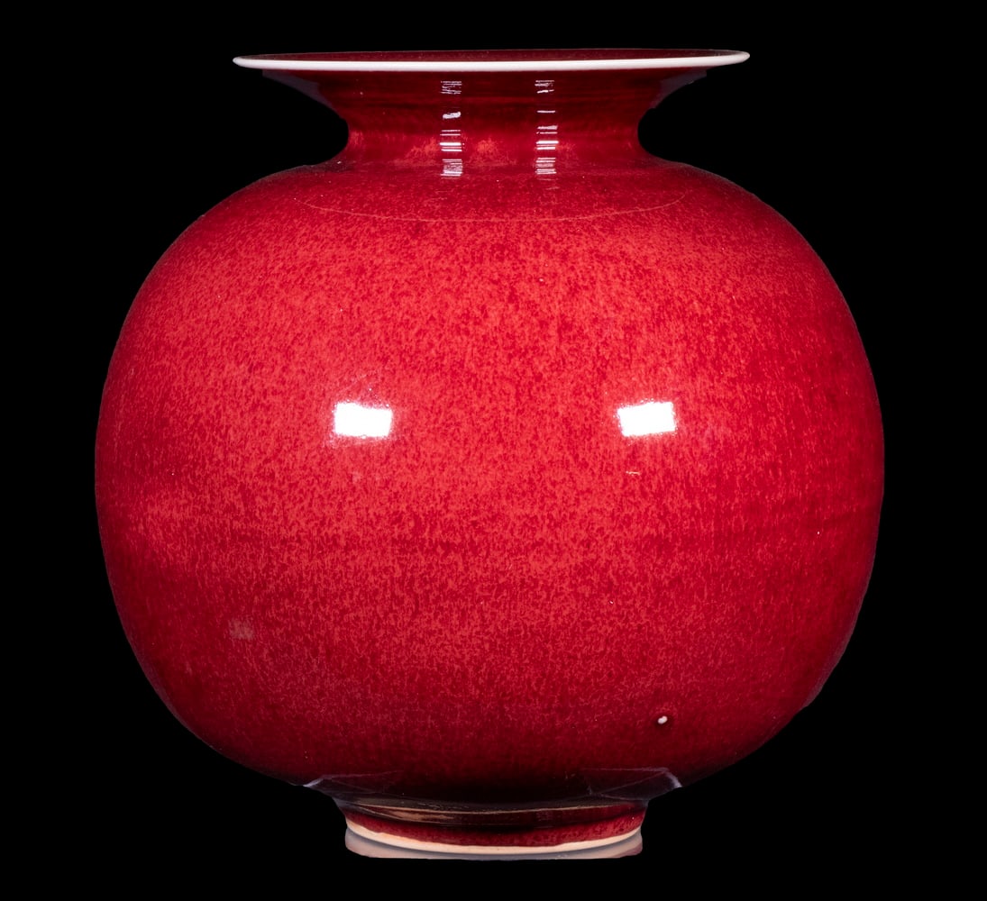 BROTHER THOMAS BEZANSON (CANADA/VT, 1929-2007): Globular Vase with flared rim, with copper red glaze, ca. 1970s, signed on base with artist's cipher and "Benedictine Monks", Weston, Vermont", crafted while Brother Thomas was a member of the Weston