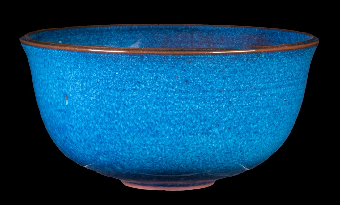 BROTHER THOMAS BEZANSON (CANADA/VT, 1929-2007): Earthenware Bowl, in copper-opalescent blue glaze, ca. 1980, signed on base with artist's cipher and "Benedictine Monks", Weston, VT", crafted while Brother Thomas was a member of the Weston Priory mo