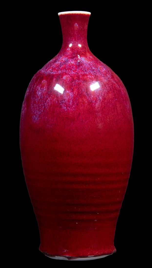 BROTHER THOMAS BEZANSON (CANADA/VT, 1929-2007): Baluster Form Porcelain Vase, in copper red and blue flambe glaze, ca. 1970s, signed on base with artist's cipher and "Benedictine Monks", Weston, VT", crafted while Brother Thomas was a member of the