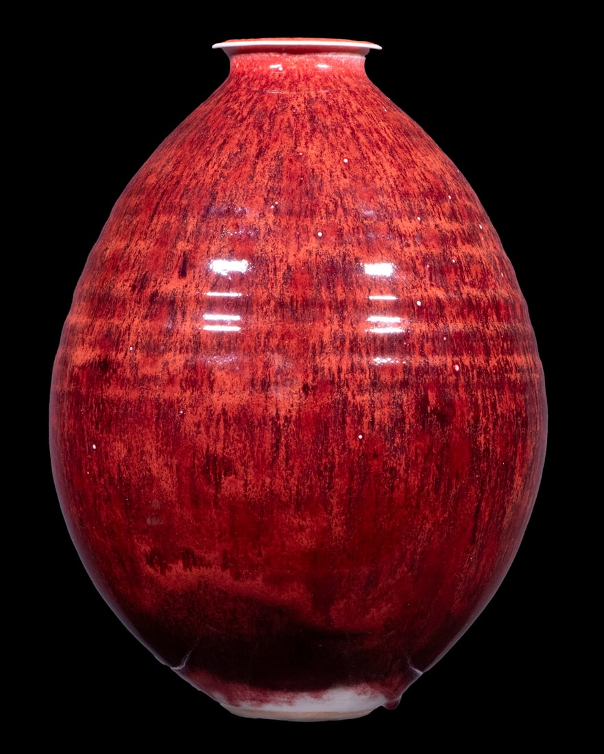 BROTHER THOMAS BEZANSON (CANADA/VT, 1929-2007): Ovoid Porcelain Vase with copper red glaze, ca. 1965-70, signed on base with artist's cipher and "Benedictine Monks", Weston, VT", crafted while Brother Thomas was a member of the Weston Priory monast