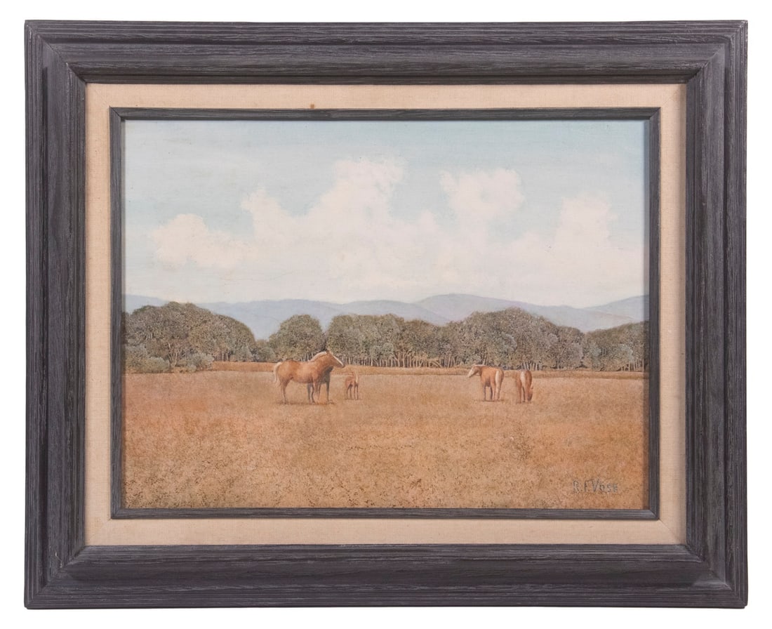 ROBERT F. VOSE (20TH C. SEARSPORT, MAINE): Horses in Mowed Hayfields, oil on masonite, signed lower right, in reverse molded ogee frame, with linen liner, OS: 17" x 21", SS: 11 1/4" x 15 1/4".From the Dan Fogelberg Estate, Deer Isle, Maine