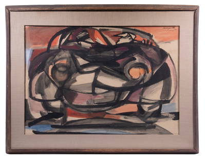 SALVATORE SCARPITTA (NY/ITALY, 1919-2007): Argument in a Car, modernist abstract watercolor on paper, signed upper right and dated "54, in barnwood frame inner linen mat, glazed, OS: 26" x 33 1/2", SS: 18 3/4" x 26 1/2", good condition.