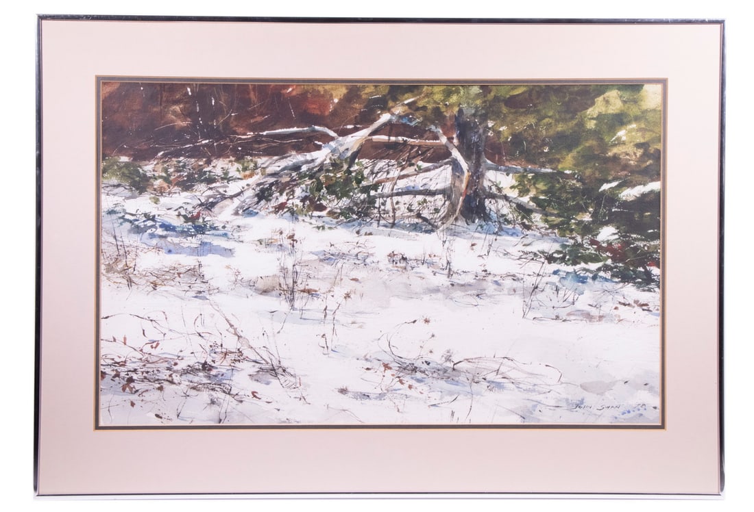 JOHN SWAN (ME, 1948 - ): Snowy Forest, watercolor, 1978, signed and dated lower right, also signed and inscribed verso: "John Swan Studio, Falmouth Rd, E Windham, Me, 1978". In chrome casement frame, matted under non-glare gl