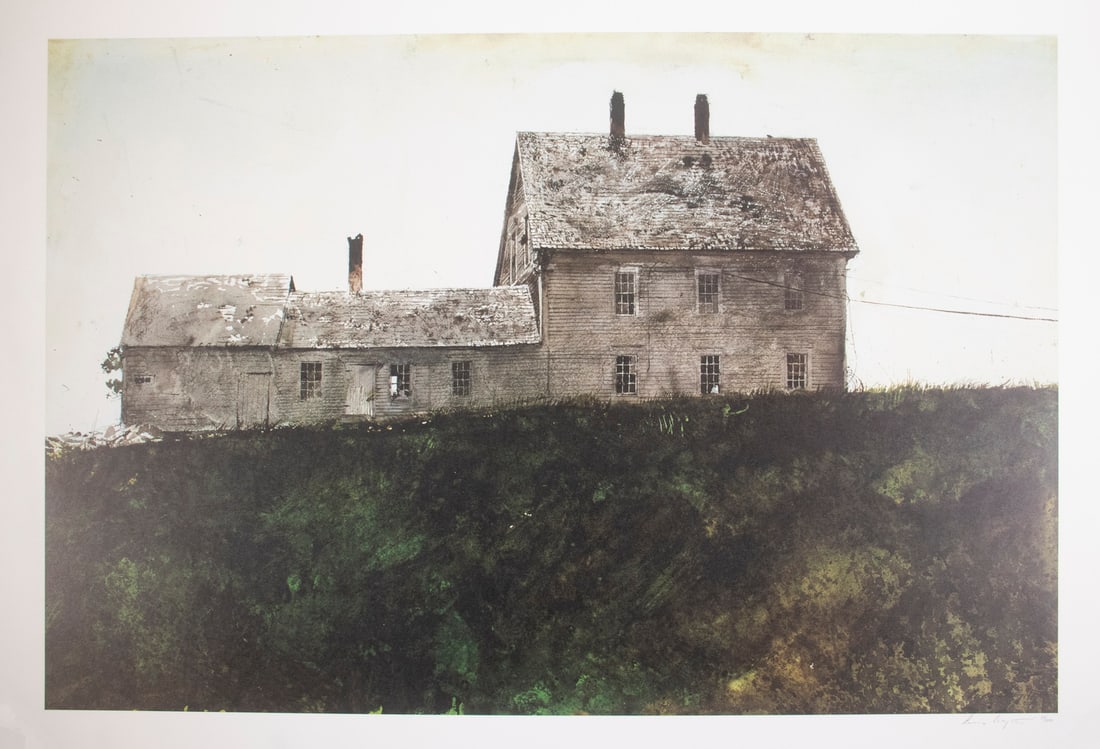ANDREW NEWELL WYETH (PA/ME, 1917-2009): Olsons, 1992, gicclee print, pencil signed and numbered 39/300, presented in custom folio for the Farnsworth Museum in Rockland, Maine. Printed by the Stinehour Press, 21" x 31" image n 25" x 37 1/2" 