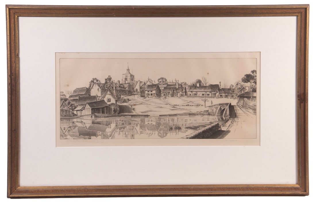 JOHN TAYLOR ARMS (CT/MD/MA/DC/NY, 1887-1942): Reflections at Finchingfield, England, 1938, etching on paper, pencil signed lower right 'John Taylor Arms, 1938' and inscribed lower left 'To Mr. and Mrs. Albert J. Kennedy, with my very best wishes,