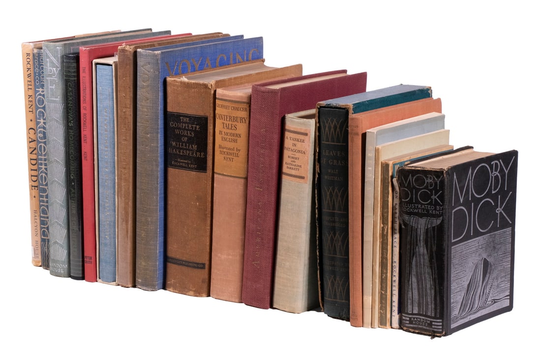 (19) PERIOD ROCKWELL KENT ILLUSTRATED BOOKS: Including: "Moby Dick", Random House, 1930; "N by E", ibid, 1930; "Rockwellkentiana", Harcourt, Brace & Co,, 1933; Voltaire's "Candide", w/ dj, Halcyon House, 1936; "The Complete Works of William Shak