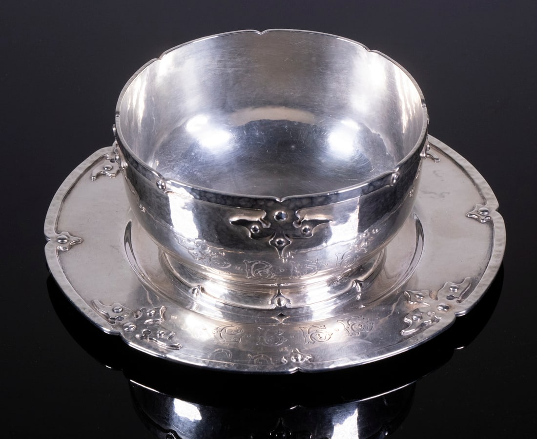 SHREVE & CO. STERLING "XIV CENTURY" BOWL & UNDERPLATE: Early 20th c. Hammered Silver Bowl & Plate, Fourteenth Century pattern by Shreve & Co., San Francisco, each piece with engraved monogram, underside of plate engraved "Xmas 1905", bowl: 2 1/2" high, 4 