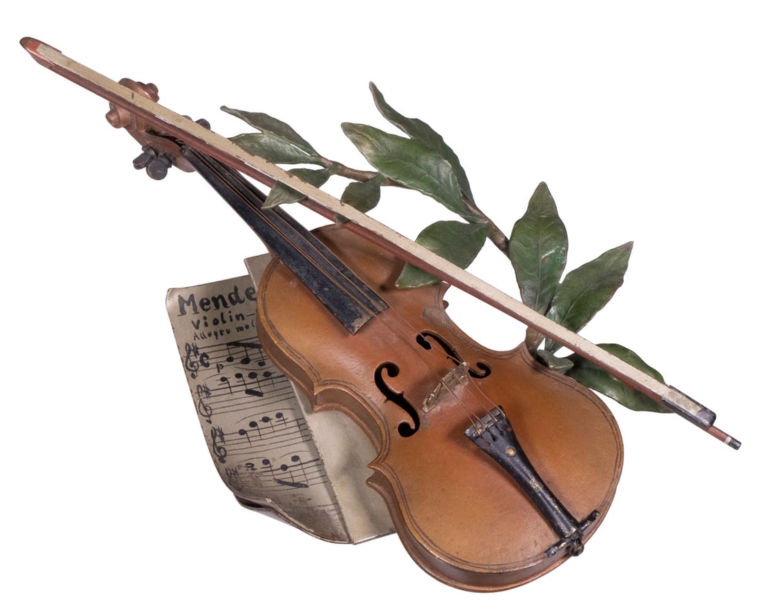 VIENNA COLD PAINTED BRONZE VIOLIN & SHEET MUSIC: Belle Epoch Period Bronze Grouping, by Franz Xaver Bergmann (Austria/US, 1861-1936), depicting a violin, bow, sheet music by Mendelsohn and bay laurel branch, underside stamped with the (outline of) B