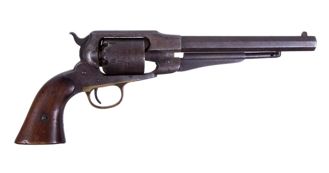 REMINGTON 1858 NEW MODEL ARMY REVOLVER, .44 CALIBER: An original example of the venerable Remington New Model revolver. Features an octagon barrel with brass trigger guard and smooth walnut grip panels. These revolvers were made to directly compete with