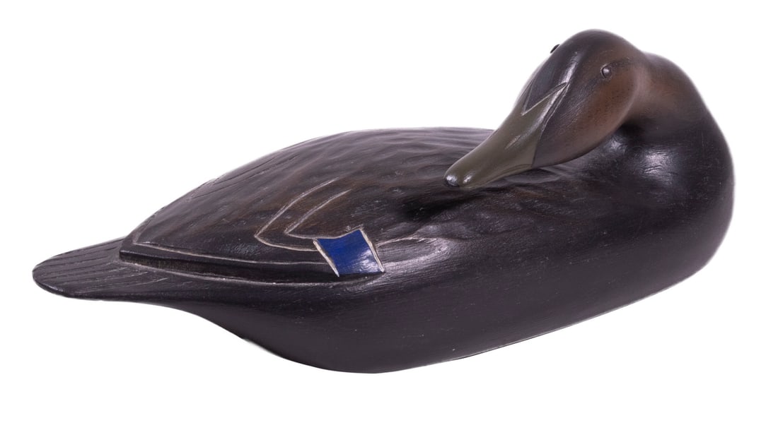 HANK HENRY WALKER (MA, 1919-1995) MALLARD DISPLAY DECOY: Newbury, MA, 1984 - 1986, carved and painted wood, preening posture, tack eyes, signed on recessed metal plate, 16" long.