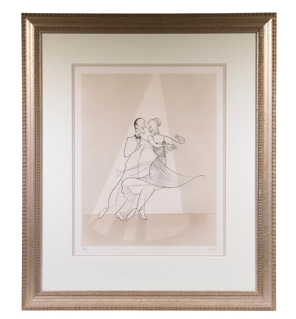 AL HIRSCHFELD (NY/MO, 1903-2003): Caricature of Fred Astaire and Ginger Rogers dancing in "The Barkleys of Broadway, their last film together, released in 1949 by MGM. Limited edition lithograph, pencil signed and numbered 89/175. In