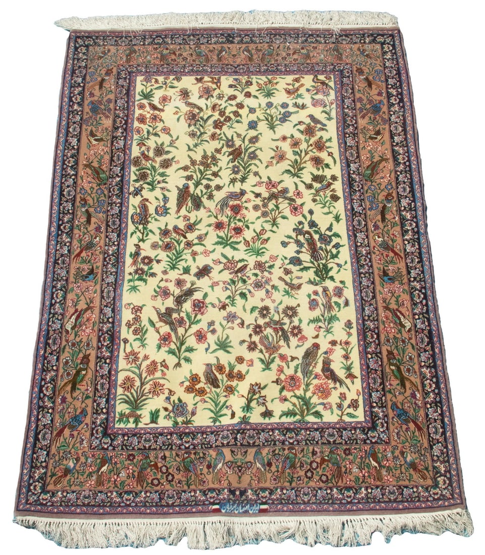 PERSIAN TREE OF LIFE RUG (3'7" X 5'4"): Mid-20th Century. Overall Tree of Life design with trees, birds, and flowering vines in red, sky and midnight blue, and taupe on an ivory field. Taupe bird motif and rosette border. Good condition. Si