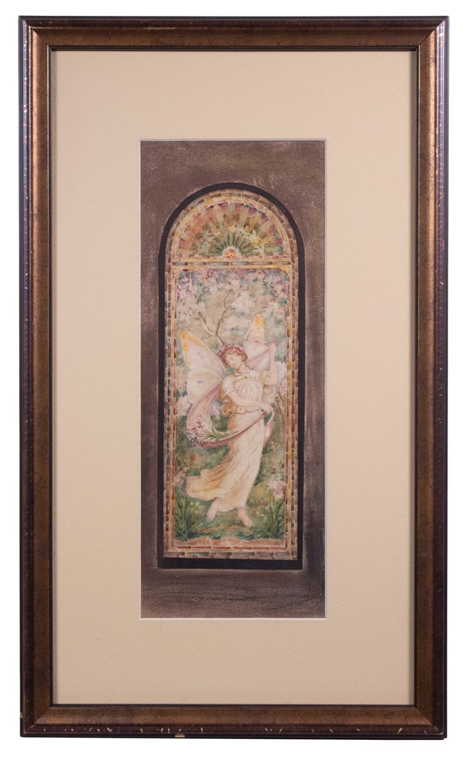STAINED GLASS WINDOW: Arch Top Church Window of an Angel in Spring Fields, watercolor on paper, unsigned, in dull gold mitered frame, mated under glass, OS: 19" x 11", SS: 12 1/2" x 5".