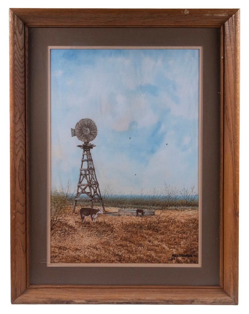 DANIEL MALDONADO (TX, 1940-2019): Texas Oasis, watercolor on board, signed lower right, titled verso on affixed label, also affixed General Store Gallery (Austin, TX) card with artist name and medium affixed verso, depicting two cattl