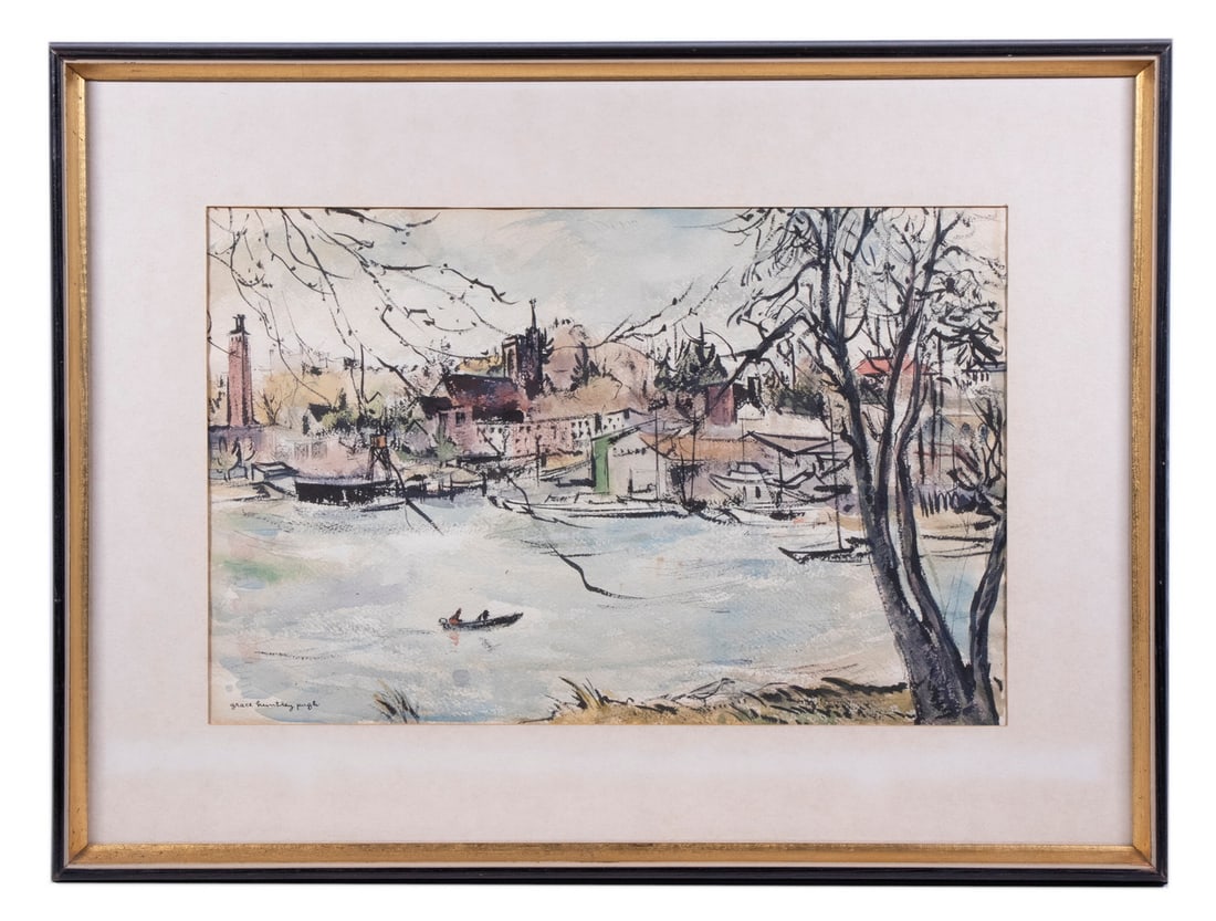 GRACE HUNTLEY PUGH (MA, 1912-2010): Early Fisherman, watercolor and India ink on Arches paper, signed lower left, titled at top of her CV pasted verso, with original price of $175. Housed in gold and black modern cove frame, matted unde