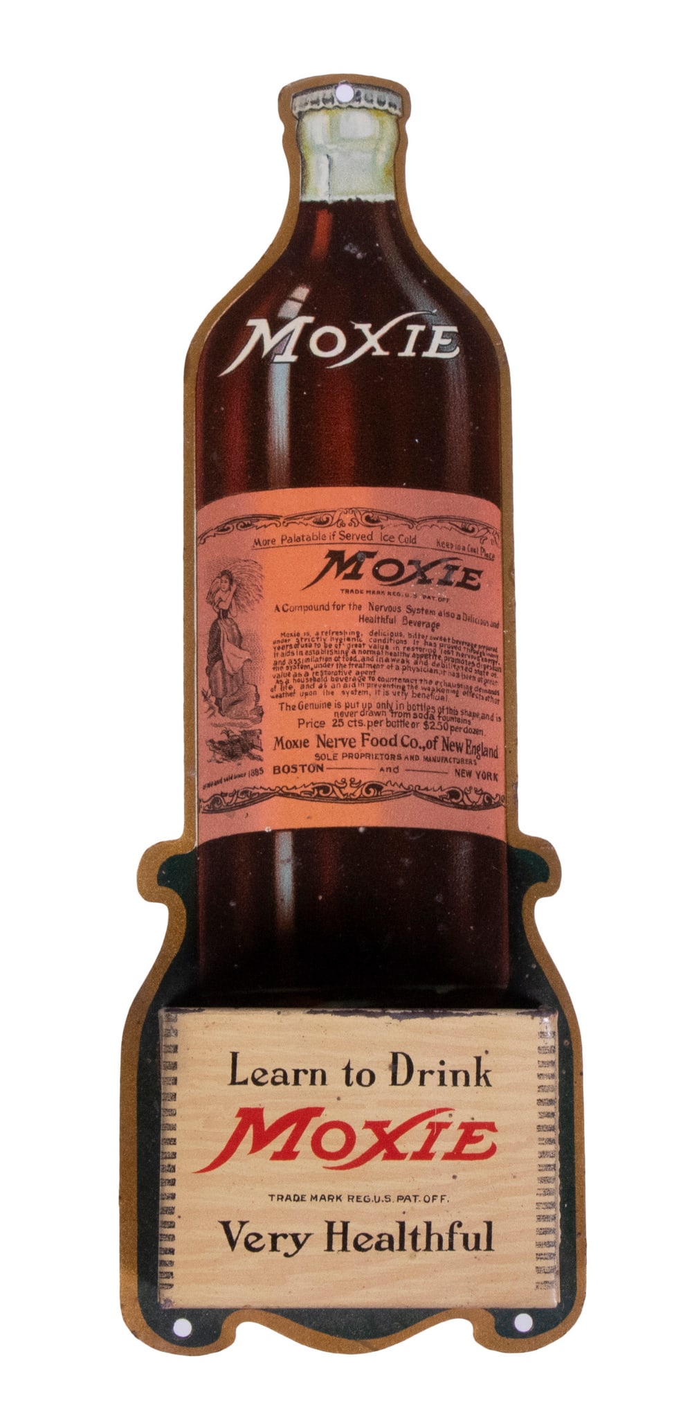 RARE MOXIE WALL HANGING MATCH HOLDER, CA 1915: Tin Litho, in the form of a Moxie bottle flat back with crate end front, "Learn to Drink Moxie, Very Helpful", 7" x 2 1/2" x 7/8". Fine condition.