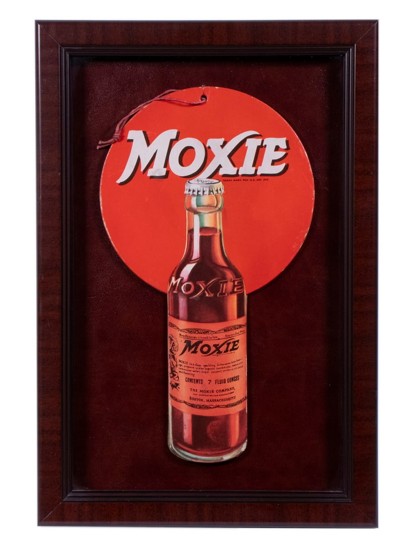 MOXIE RED LABEL BOTTLE DIECUT AD HANGER, NOS, FRAMED: Chromolitho on cardboard, depicting the famous bottle with the red label, logo on red dick at top, retaining the original hanging cord, in mahogany frame, with acid-free burgundy board, under UV plexi