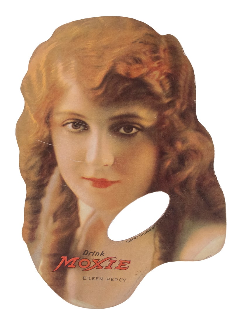 MOXIE HANDFAN, 1922, FILM ACTRESS EILEEN PERCY: Diecut chromolitho, a bust portrait of the strawberry-haired starlet, undated, but with an ad on back "Read the TNT Cowboy", and with a line drawing of The Moxie Bottle form stand and a Bronco Buster 