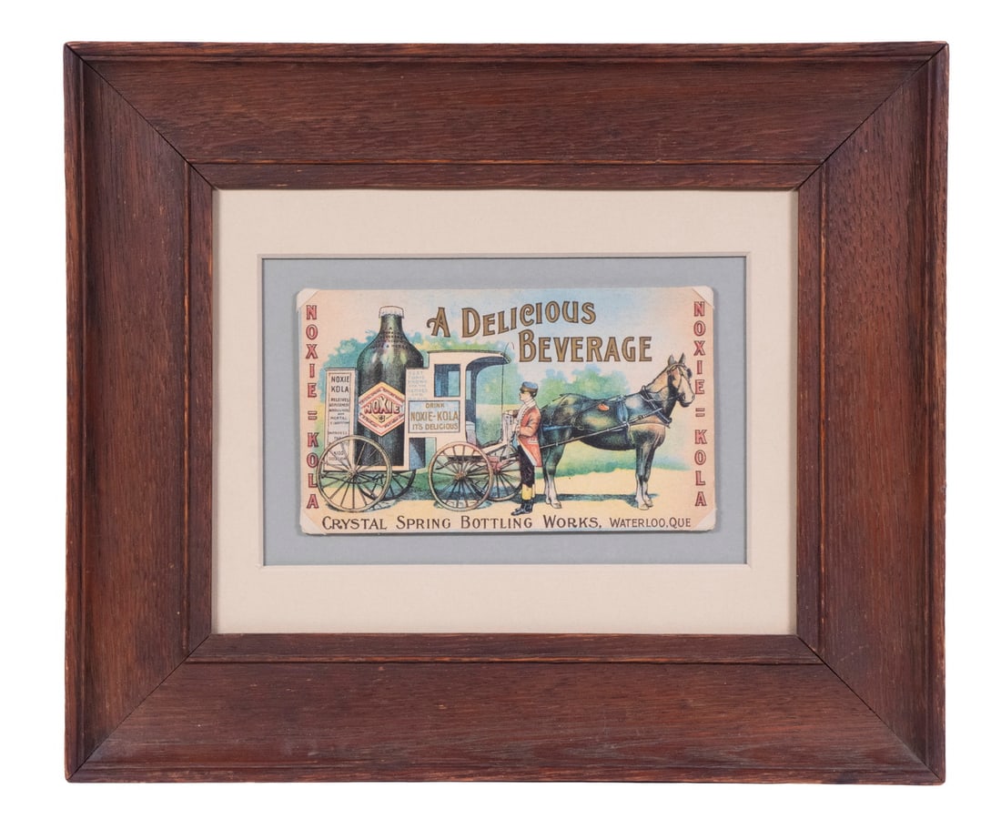 RARE NOXIE POSTCARD, CA 1900, MOXIE COPY CAT, FRAMED: Color litho, circa 1905, Horse drawn commercial wagon with oversized copy of bottle, driver in livery. Canadian company, Crystal Springs Bottling Works, Waterloo, Quebec taken to court unsuccessfully 