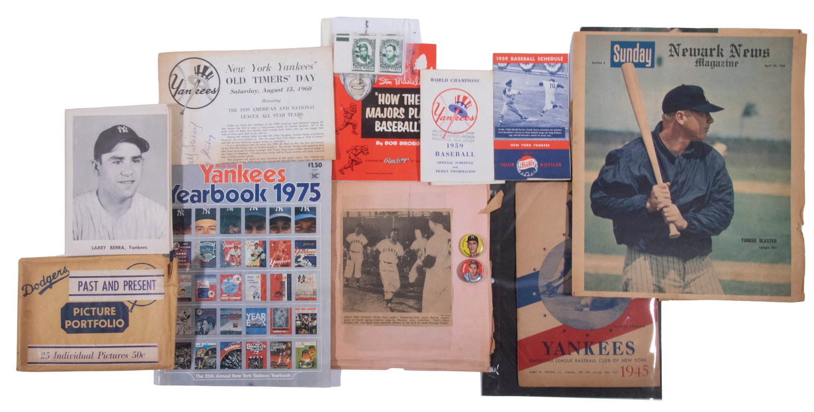1950'S-60'S NYC BASEBALL EPHEMERA: Including: Set of 25 Dodgers Past and Present Picture Portfolio in original envelope (with Larry Berra); 1945 Yankees Official Program and Score Card, unused, toned; 1960 New York Yankees' Old Timers 