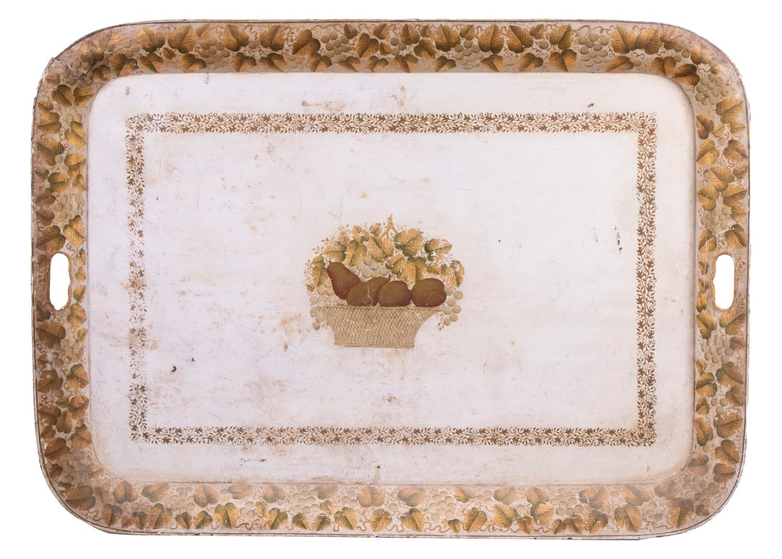 LARGE EARLY TOLE PAINTED TRAY: Circa 1830-40 American buff painted two-handled tray having stencil work boarder of grape tendrils with fruit and leaf rendered in golds and green, the inner band hand painted oak leaves and tendrils,