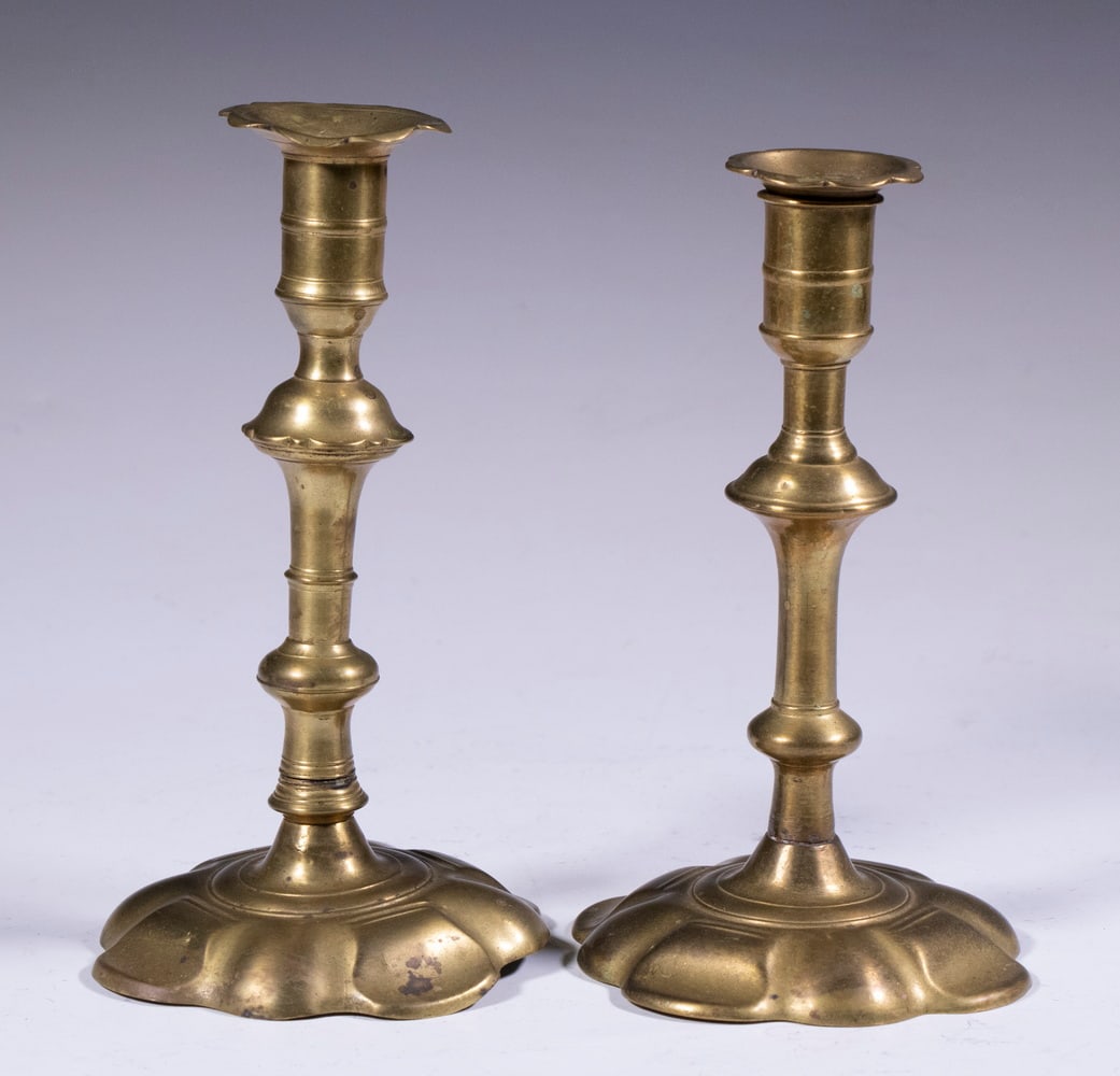 (2) QUEEN ANNE CANDLESTICKS: Near Pair of 18th Petal Base Brass Candle Holders, one with removable bobeche, 7 1/2" and 7 3/4" high. One with base repair.