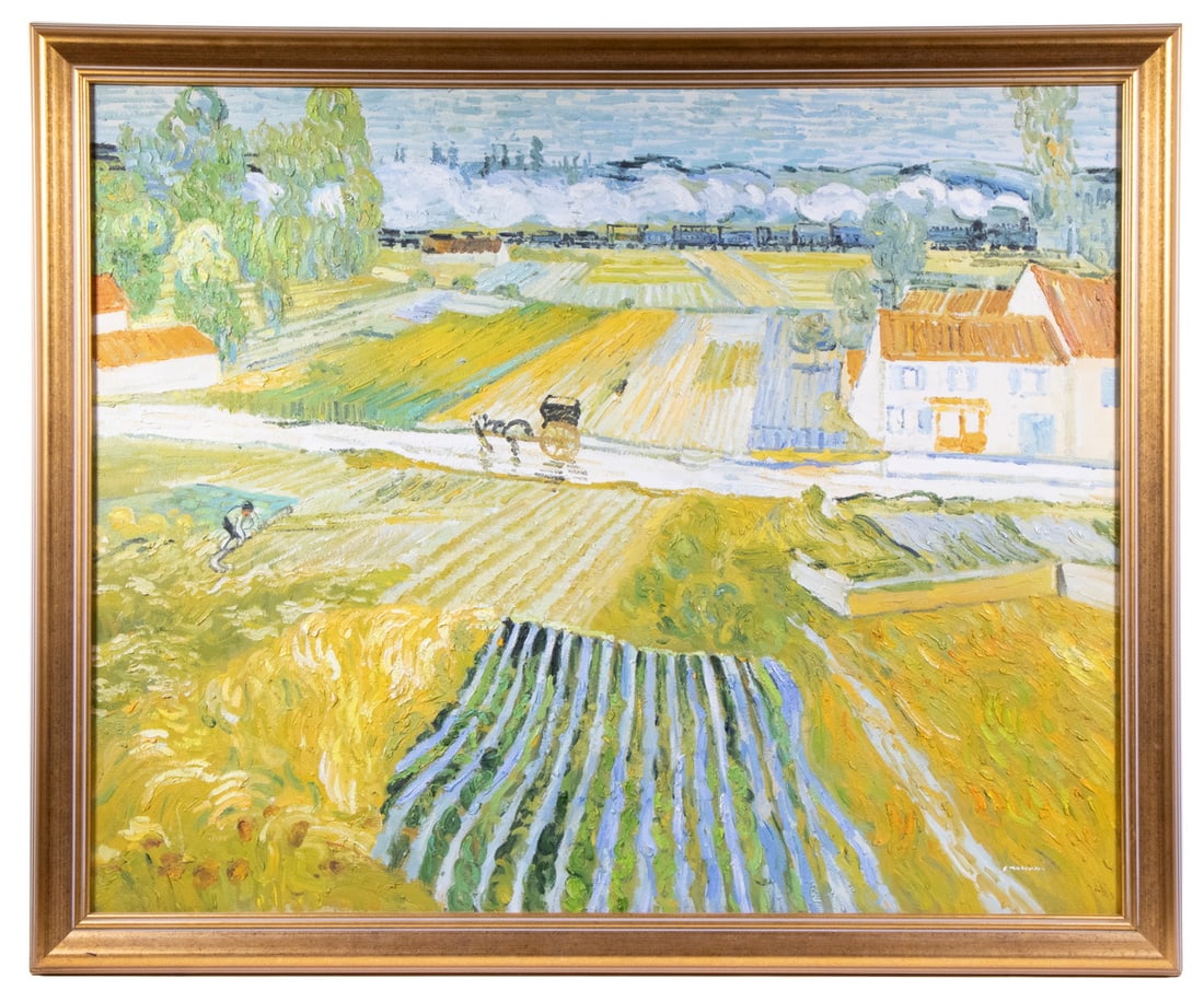 AFTER VINCENT VAN GOGH (1853-1890): Landscape with a Carriage and a Train, impasto oil on linen, illegibly signed lower right (Mussman?), after the original painted in June 1890 when Van Gogh lived in Auvers-sur-Oise, France. Housed in 