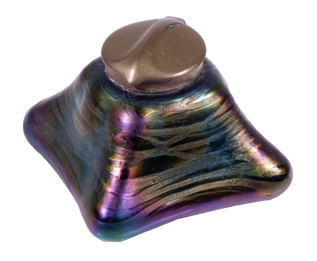 BOHEMIAN ART NOUVEAU LOETZ STYLE INKWELL: Early 20th c. Iridescent Threaded Art Glass Square Inkwell, unmarked but likely by Loetz or Kralik, with brass hinged lid and glass insert, 3" high, 4 1/2" sq.