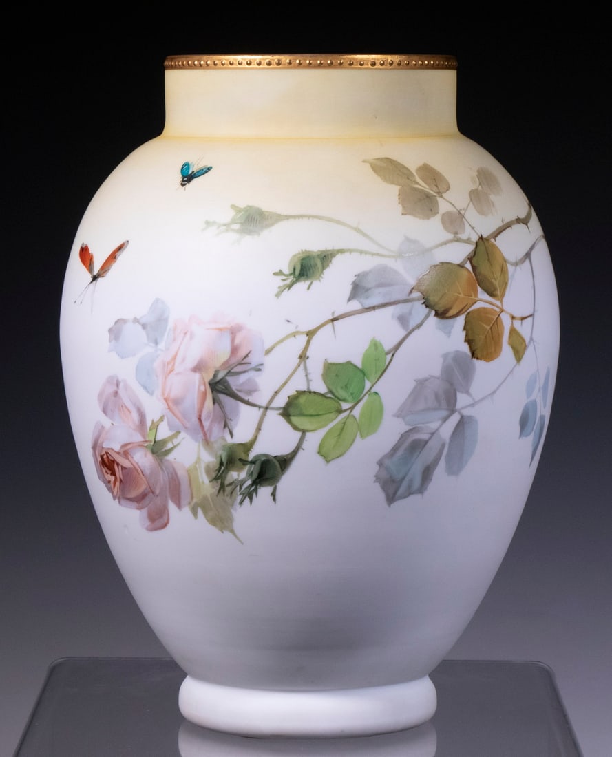 SMITH BROTHERS MT. WASHINGTON ART GLASS VASE: Circa 1885 Hand Painted Satin Glass Vase, the blank probably by Mt. Washington Glass, painted by Alfred and Harry Smith, operators of an independent decorating business in New Bedford, MA (1874-1899);