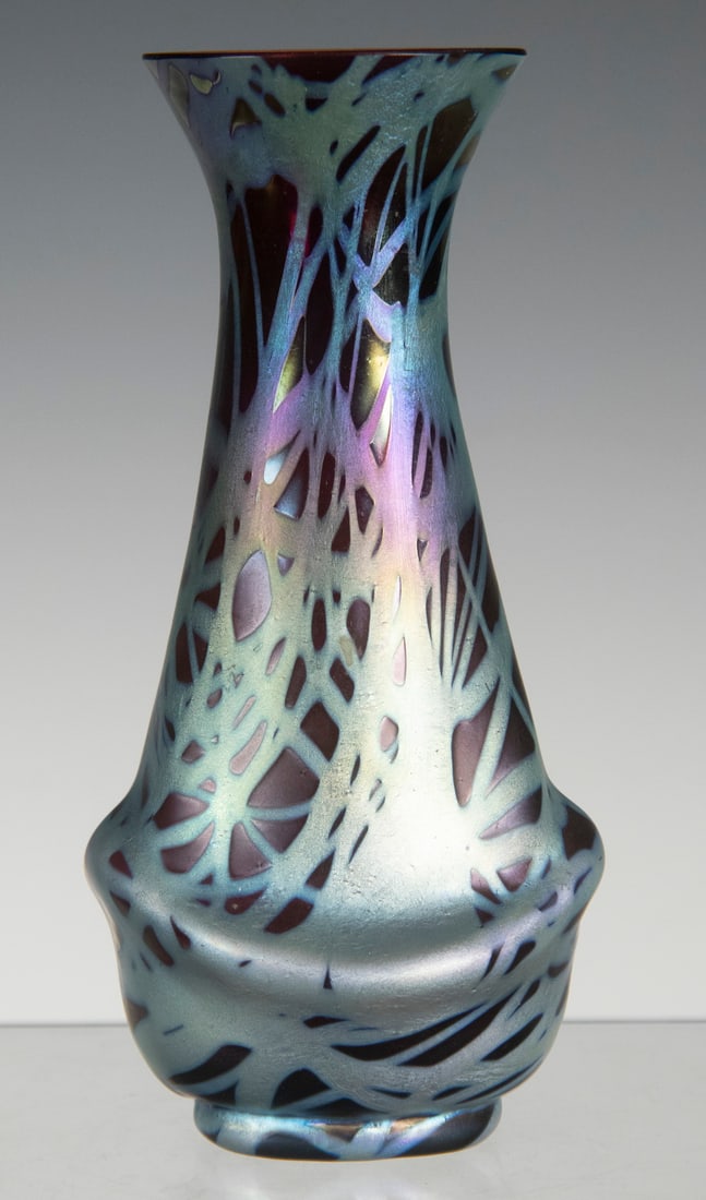 BOHEMIAN ART GLASS VASE: Art Nouveau Purple Glass Vase, in the manner of Loetz, with striated silver overlay iridescent decoration, unsigned, 6 1/4" high, 3" x 2 1/2".From a private Maine collection.
