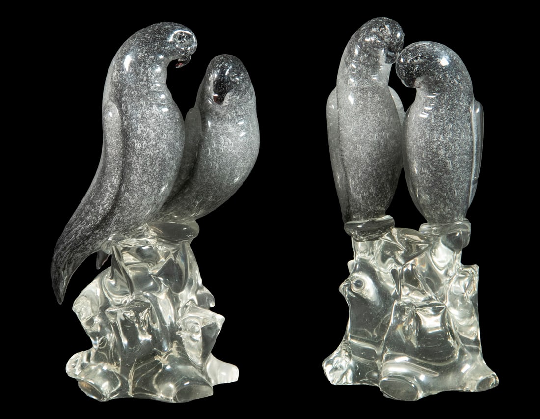 MURANO LOVEBIRDS SCULPTURES: Pair of Blown Glass Double Bird Figurines, ca. 1950, 7 1/4" high. Each with base edge chip.