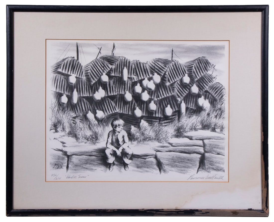 LAWRENCE BEALL SMITH (NY/DC, 1909-1995): Harbor Scene, lithograph, pencil signed, titled and numbered 239/250, Associated American Artists label verso, depicting a boy seated in front of stacked lobster traps, in black stick frame, matted un