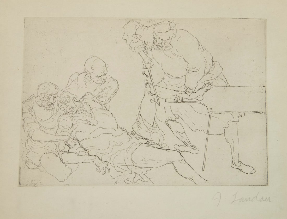 JACOB LANDAU (NJ, 1917-2001): Amputation, drypoint, on buff wove paper, pencil signed, in the original Philadelphia Print Club mat, with label verso, unframed.4 3/4" xx 7" impression on 9 1/2" x 13" sheet.From a Camden, ME Estate.