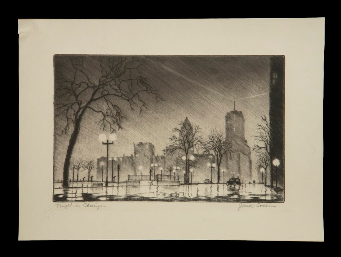 JAMES SWANN (IL/TX, 1905-1985): Night in Chicago, drypoint on wove paper, pencil signed and titled, ref: Czestochowski 105. Published by Chicago Society of Etchers (with their blindstamp), edition of 325, scarce in good condition. 7