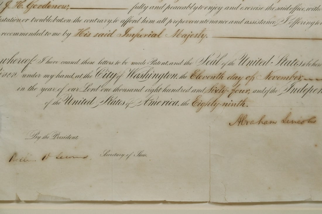 NOV 1864 ABRAHAM LINCOLN SIGNED CONSULAR APPOINTMENT TO TURKEY, FRAMED: Abraham Lincoln Appointment of Consul General to Constantinople Signed "Abraham Lincoln" as President & "William H. Seward" as Secretary of State. One partially printed page, 15.75" x 11" (sight), Was