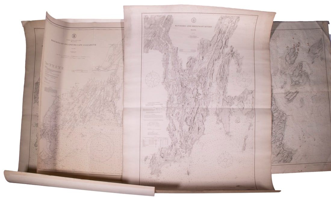 (4) EARLY USCS CHARTS OF MAINE: Including: "St. George River and Muscle Ridge Channel", Jan 1911, sheet 312, 30" x 42"; PLUS "Kennebec and Sheepscot Rivers", Apr 1907, sheet 314, 30" x 42"; PLUS "Portland Harbor", Nov 1908, sheet 32