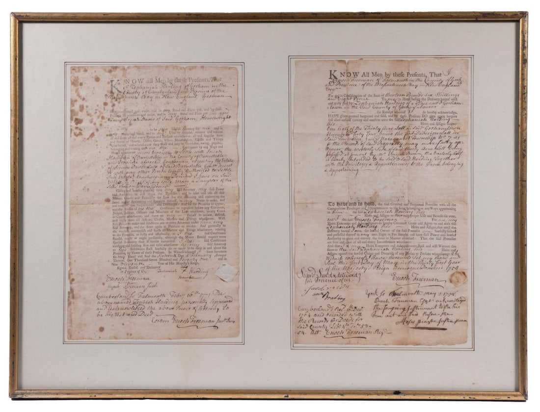 (2) COLONIAL GORHAM, MASS (ME) LEGAL DOCS IN ONE FRAME: Including: 16 Feb 1771 Power of Attorney of Josiah Davis for Zephamiah Harding to execute estate of Simon Davis, Gorham, Cumberland County, Province of Mass (now Maine); PLUS ` May 1758 Land Deed Enoc