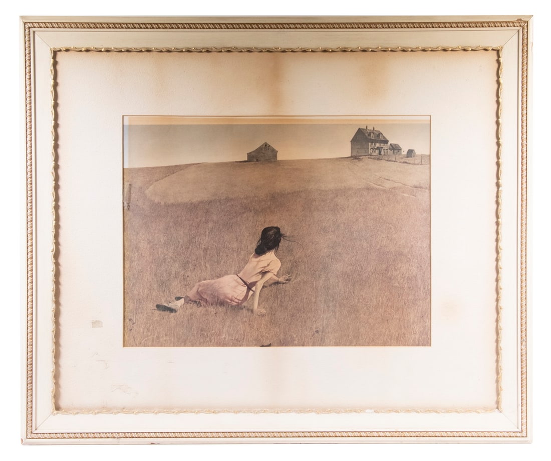 ANDREW NEWELL WYETH (PA/ME, 1917-2009): Christina's World, photo litho print, in a fancy painted and gilded wooden frame, with mat, glazed, OS: 30" x 36", SS: 16 1/2" x 22". Toned mat and print, mat edge burns, print detached from mounting.