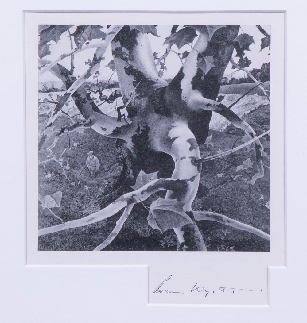 ANDREW NEWELL WYETH (PA/ME, 1917-2009): The Hunters, black and white litho bookplate, signed, from the original painting of 1942. In gold molded frame, matted under UV plexi, OS: 15 1/2" x 12 1/2", SS: 5 1/4" square. Signed in Chadds Ford i
