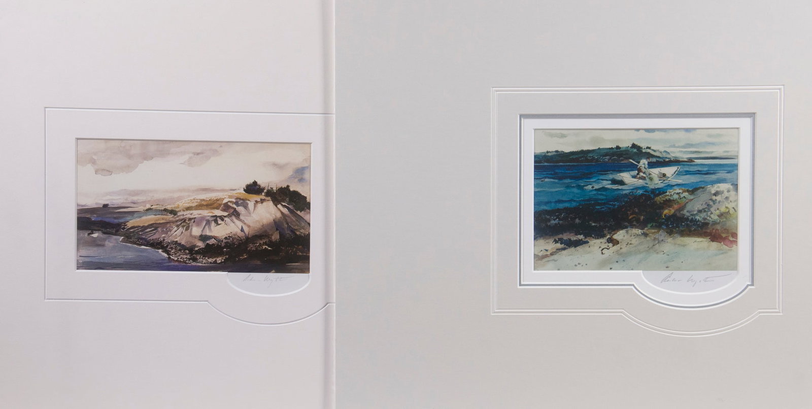 ANDREW NEWELL WYETH (PA/ME, 1917-2009): Island Fisherman & "Off Caldwell Island", both of dorymen on the Maine coast, photolithographs, pencil signed, in custom mats, unframed, OS: 16" x 20", image sizes: 5" x 7" & 4 1/4" x 7 3/4".