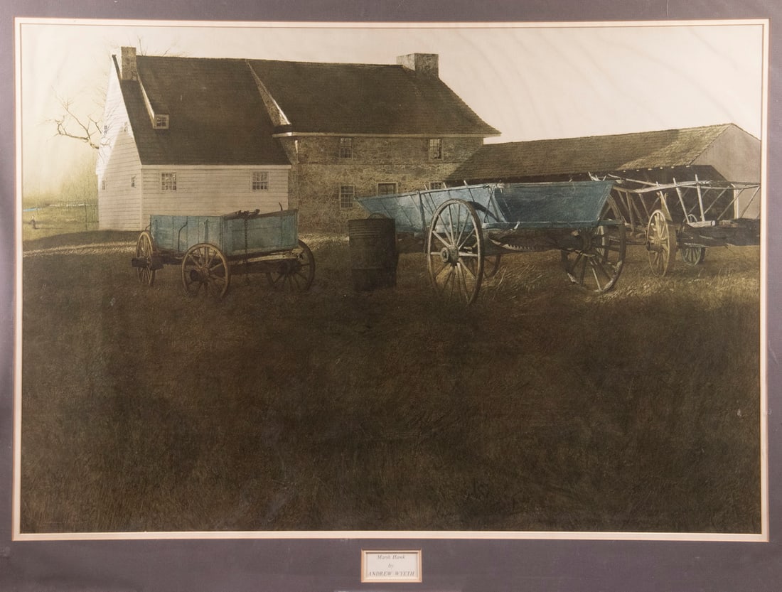 ANDREW NEWELL WYETH (PA/ME, 1917-2009): Marsh Hawk, large folio collotype, unsigned, 1964, depicting the Wyeth's Millhouse in Chadds Ford, Pennsylvania. In brown mat, unframed, small secondary window in mat for title and redit, 24 1/2" x 35