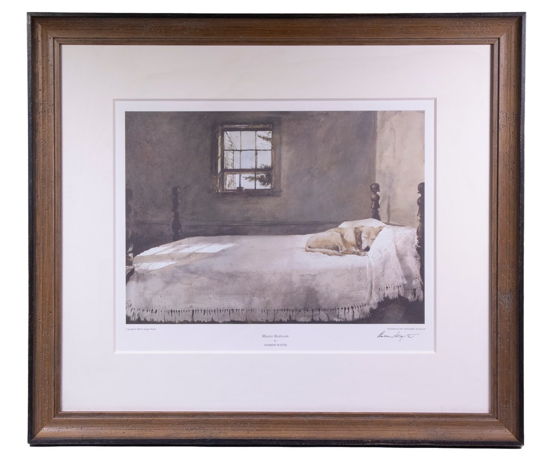 ANDREW NEWELL WYETH (PA/ME, 1917-2009): Master Bedroom, 1985, lithograph published by New York Graphic Society, with printed signature, in wormwood cove frame, matted under plexi, OS: 21" x 24 1/2", SS: 12 1/2" x 16".