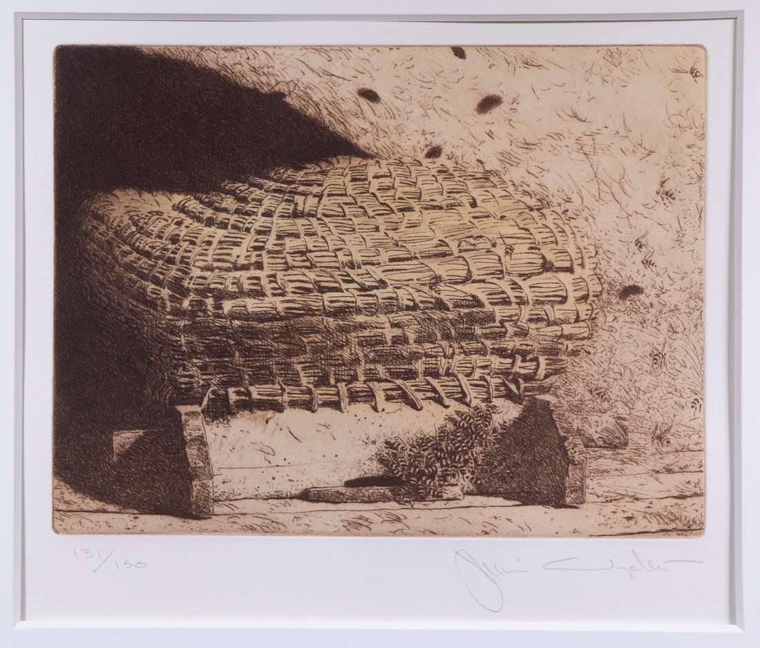 JAMIE WYETH (PA/ME/DE, 1946 -): Bee Shadows sepia etching with drypoint from folio "The Farm", 1980,pencil signed and numbered 131-150, in wood cove frame, museum mount, mat under UV plexi, OS: 27 3/4" x 23 3/4", impression: 9" x 11