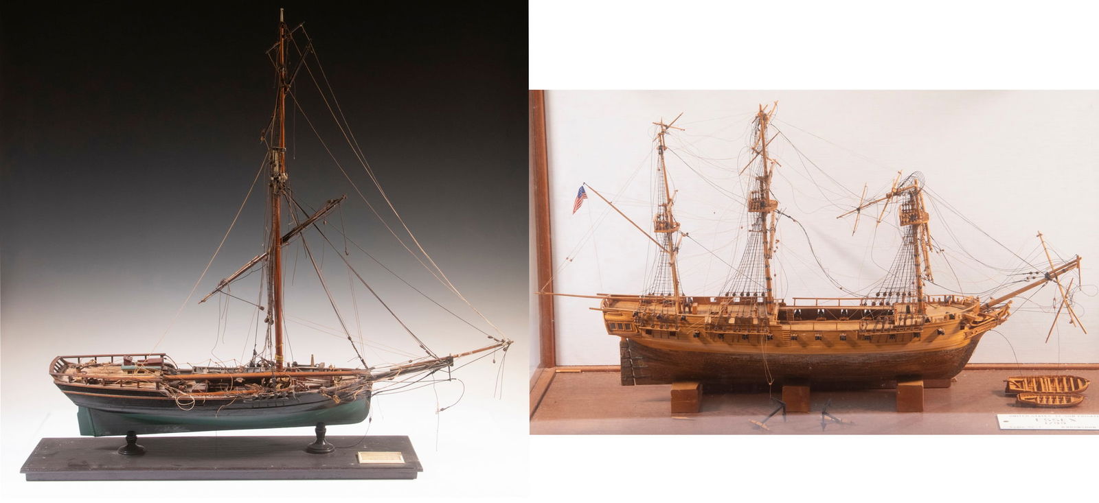 (2) SHIP MODELS, ONE IN PARTIAL CASE: Including: "Hudson River Sloop 'Enterprise', Sailed to China & Return 1785, Model built by Capt. H. Percy Ashley", 25" x 29" x 7"; PLUS "United States 32 Gun Frigate 'Essex', 1799, by R. Brunsdon, 196