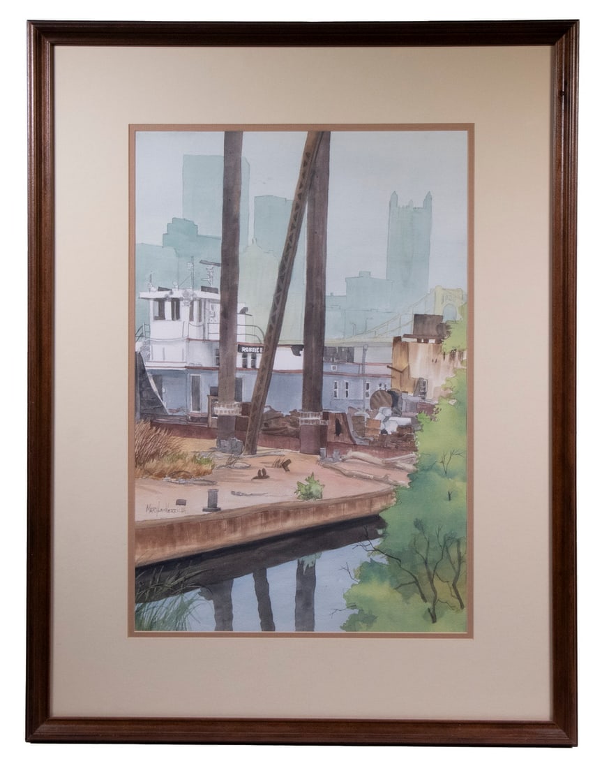 MARY LOUISE VERRILLA (LATE 20TH C. BOSTON): The Robbie B., watercolor on paper, signed lower left, depicting a tug tied up to a decaying pier, in molded wood frame with double mat, under glass. OS: 29 1/2" x 22 1/2", SS: 20 1/2" x 13 1/2". Orig